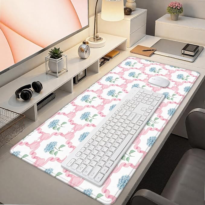Blue Hydrangea Large Mouse Pad 31.5x15.7inch, Trendy Coquette Pink Bow Flower Aesthetic Large Extended Computer Desk Mat Mousepad for Keyboard and Mouse, Preppy Desk Accessories