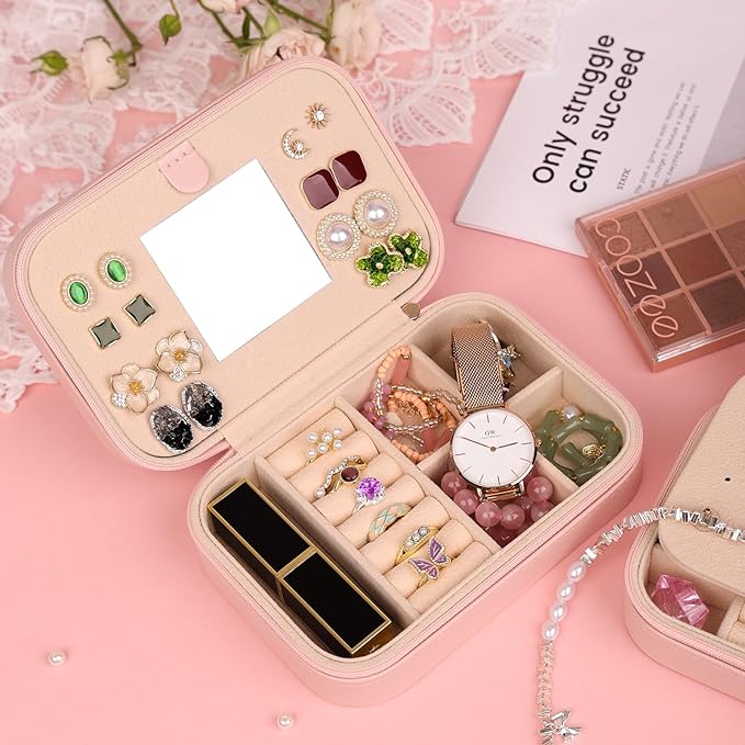 TopPerfekt Travel Jewelry Case Travel Jewelry Box With Mirror, Jewelry Organizer Bridal Shower Gifts To Her, Earring Travel Case, Trendy Gift for Women and Girls (Y, Pink)