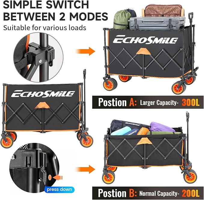 EchoSmile Collapsible Foldable Extended Wagon with 500lbs Weight Capacity, 300L Folding Utility Wagon Cart with Big All-Terrain Wheels for Beach,Sport,Gargen&Grocery,Black & Orange