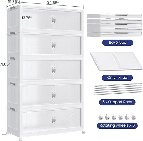 1200QT Extra Large Stackable Storage Bins with Lid & Wheels & Doors, 300Gal Foldable Collapsible Closet Organizers, Plastic Cabinet Box Container Drawer for Home Kitchen Bedroom, 5Pack White