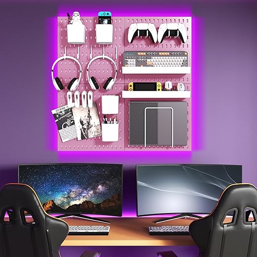 Peg Board Combination Kit, 4 Pegboards with 20 Accessories, Pegboard Wall Organizer for Office, Nursery & Home Storage, Key Holder, 25.6"x25.6" – Nail-Free Installation（Pink）