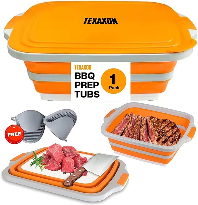 8L/16L BBQ Prep Tub with Cutting Board, Lid & Complimentary Mitts/Gloves – Collapsible Bucket for BBQ, Marinade, Picnic, Camping, Meat Prep – Orange/Black (Orange, X-Large)
