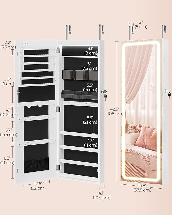 SONGMICS LED Mirror Jewelry Cabinet Armoire, Wall or Door Mounted Jewelry Storage Organizer, Hanging Lockable Frameless Mirror Cabinet with 2 Plastic Cosmetic Organizers, Christmas Gift Idea, White