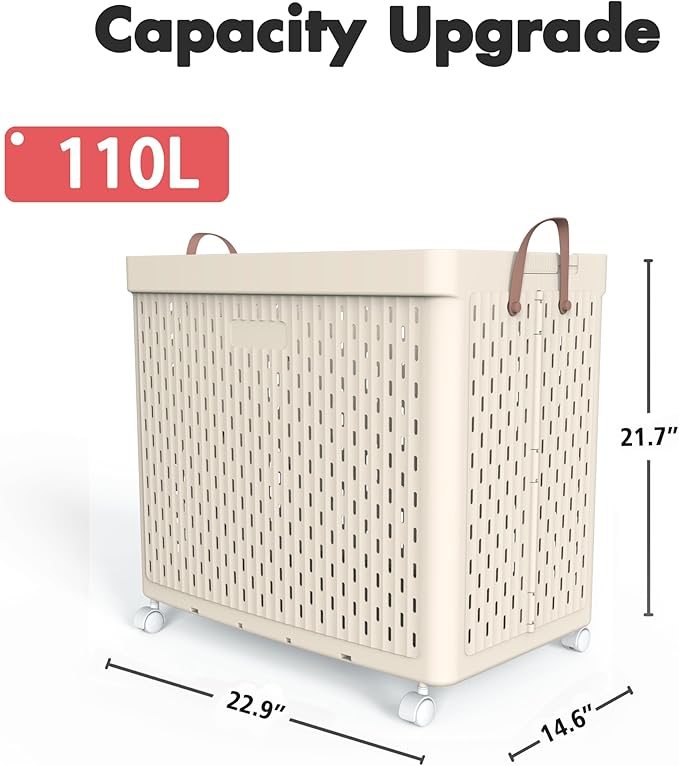 UAK Laundry Basket with Wheels, Collapsible Plastic Laundry Hamper with Handle, Foldable Laundry Basket Organizer for Laundry and Bathroom Ivory, XXXXL (110L)