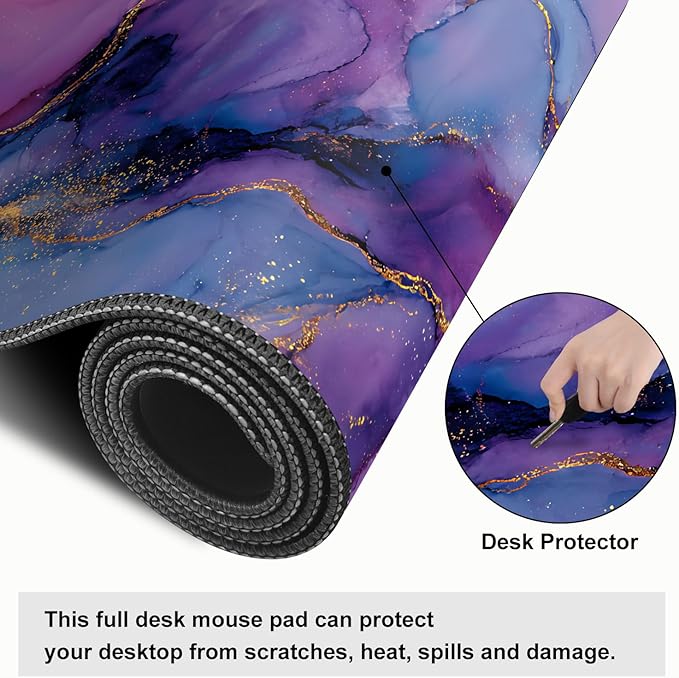 Purple Marble Ink Mouse Pad – Large Extended Desk Mat 31.5 x 11.8 in– Alcohol Ink Watercolor with Gold Vein Design, Non-Slip Base, Waterproof Surface, Aesthetic Keyboard & Mouse Pad