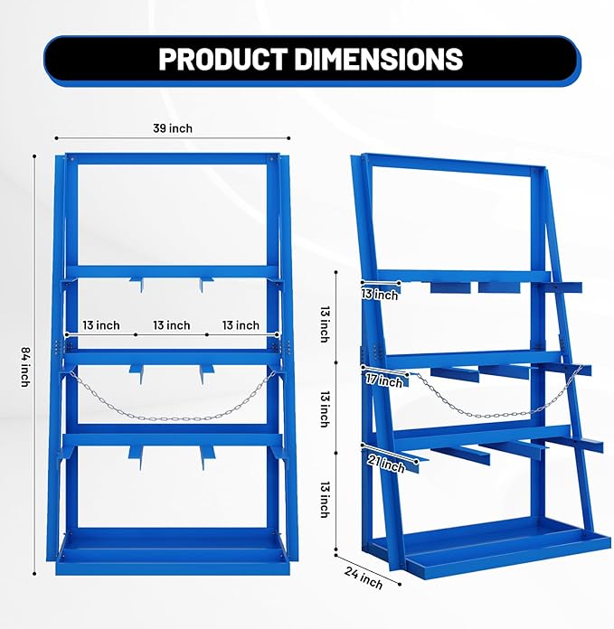 Vertical Bar Rack, 3000 LB Capacity Heavy-Duty Steel Lumber Storage, 39" W x 24" D x 84" H Pipe Organizer Rack with Safety Chain, Wall-Mounted for Garage Workshop