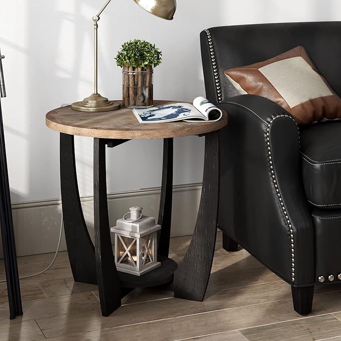 Rustic Farmhouse End Table with Storage Shelf, French Country Accent Side Table for Family, Dinning or Living Room, Small Spaces, Modern, Round