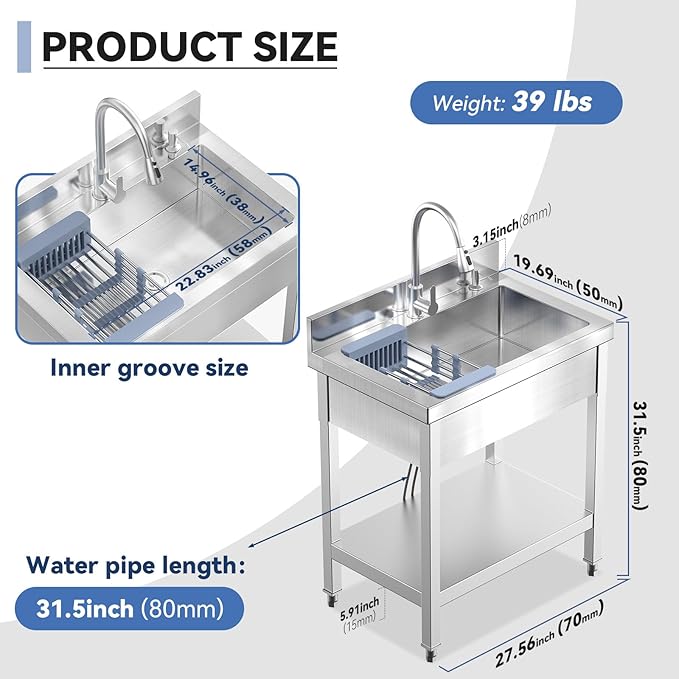 Stainless Steel Utility Sink, 29"Freestanding Sink with Retractable Cold and Hot Water Faucet,Hoses and Drain Kit for Kitchens, Bathrooms, Garage, Laundry Room