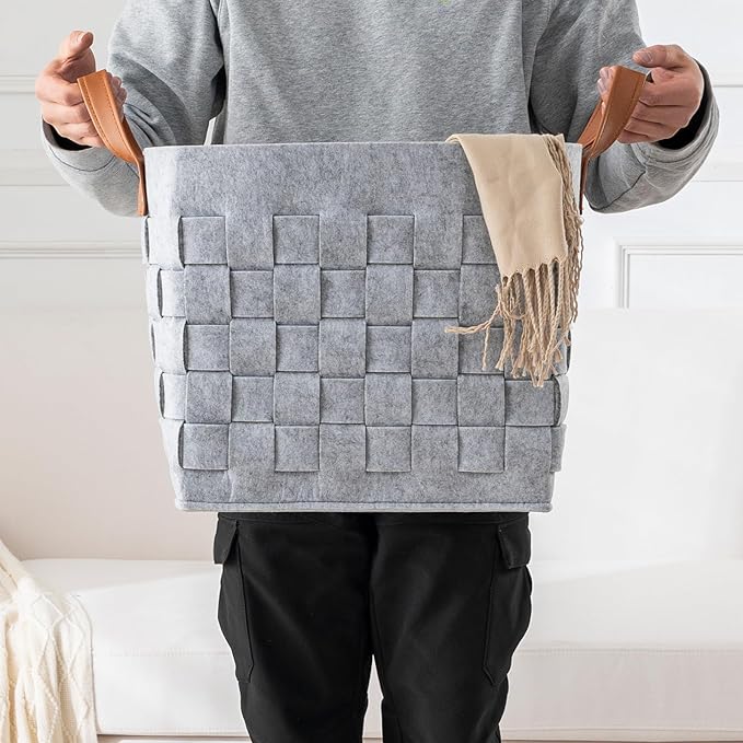 Storage Basket 3 Pack, 13" x13" x13 " Large Blanket Baskets with Leather Handle, Cube Felt Fabric Storage Box for Shelves, Bedroom, Nursery, Living Room - Light grey