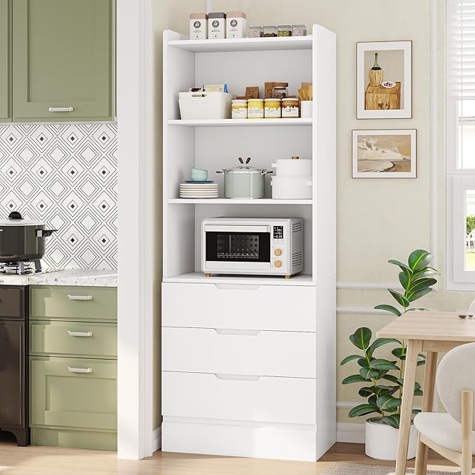 DICTAC Bookcase Set of 2 with 3 Drawers 73.23'' White Bookshelf Storage Cabinets with Shelves and Drawers Kitchen Pantry with Microwave Stand,Storage Organizer for Living Room,Office,Study, Bathroom