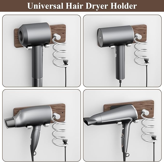 Tindbea Hair Dryer Holder Curling Iron Holder, Blow Dryer Holder Wall Mount, Bathroom Hair Tool Organizer Rack for Universal Dryer, Walnut Wood Silver Color Metal
