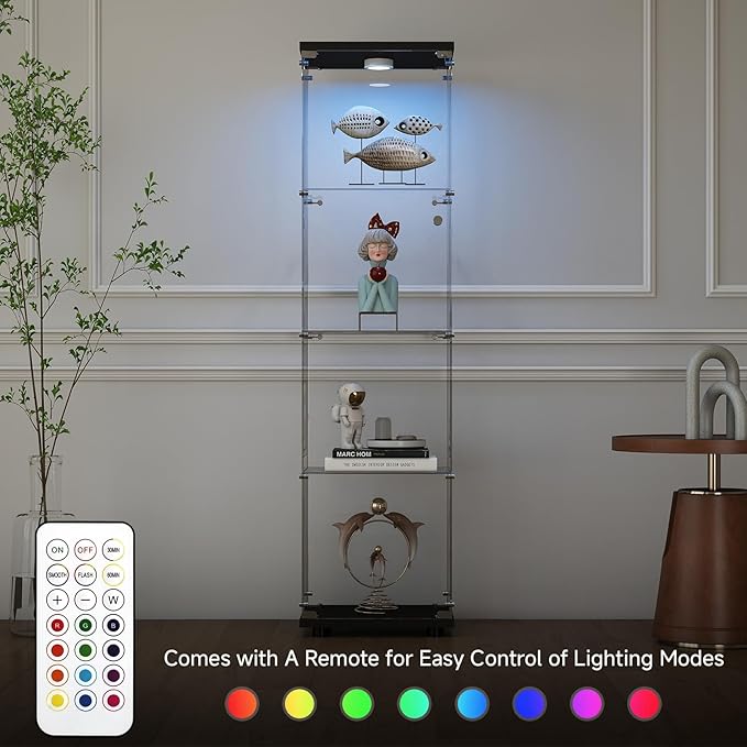 Tempered Glass Display Cabinet with Lights, 4-Tier Curio Cabinet with Glass Doors and Lock, Glass Display Case for Collectibles, for Living Room, Bedroom, Office, Black, Single Door
