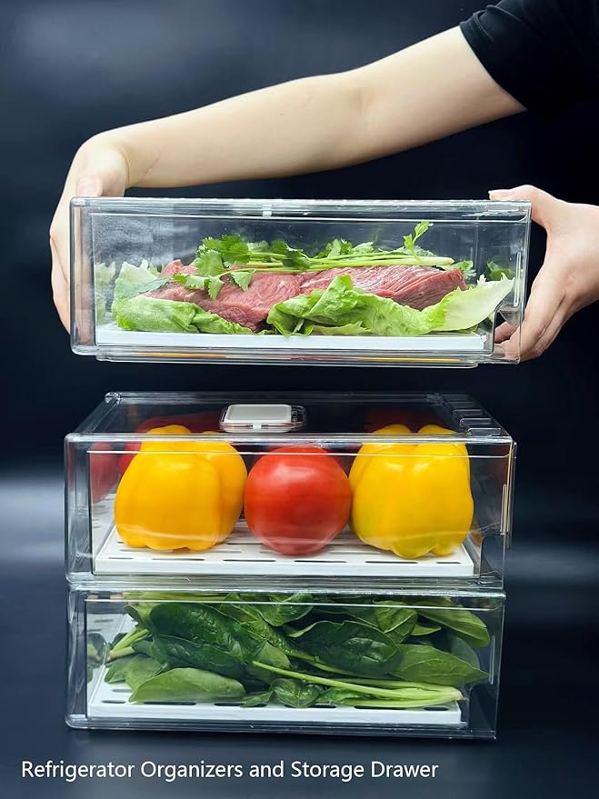Refrigerator Organizers and Storage Drawer, Stackable Fruit Storage Containers for Fridge, Reusable Fridge Organizer fit for Kitchen Refrigerator and Restaurant Freezer (2 Drawers, Medium)