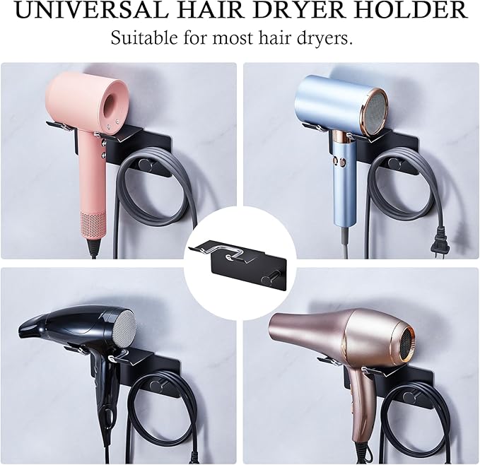 Hair Dryer Holder Wall Mounted, Blow Dryer Holder, Adhesive Hairdryer Holder for Bathroom, Hair Tool Organizer Hair Dryer Hanger, Blowdryer Holder for Wall, Hair Dryer Hook with Cord Storage (Black)