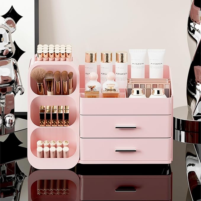 Makeup Organizer with Drawers,Large Capacity Countertop Organizer for Vanity,Bathroom and Bedroom Desk Cosmetics Organizer,Easy To Storage Skincare,Brushes,Lotions,Lipstick (All Pink)