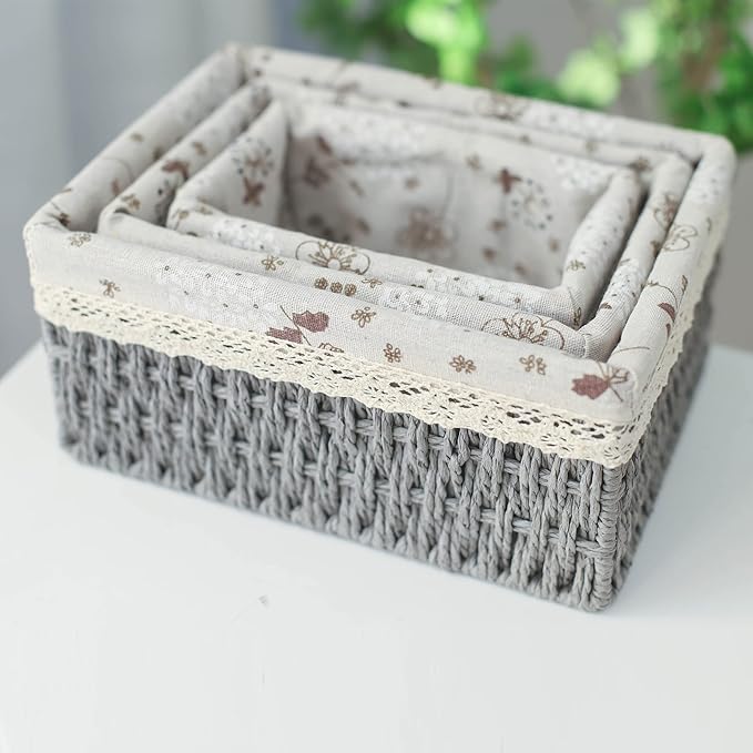 YRMT Macrame Storage Baskets Set of 3 Boho Decor Baskets for Organizing Decorative Paper Rope Woven Storage Basket with Liner Rectangular Empty Gift Basket Countertop Shelves Organizer