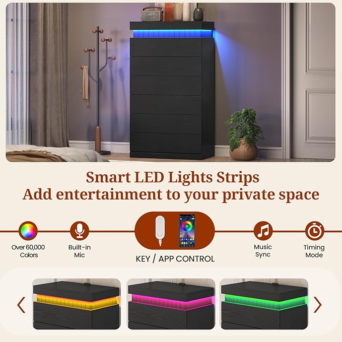 Tall Black 6 Dresser for Bedroom, Sliding Top Storage Space, Modern Wood Drawers with LED Light and Power Outlet, Large Chest of Drawer for Living Room, Hallway, Entryway (6 Drawers,Black)