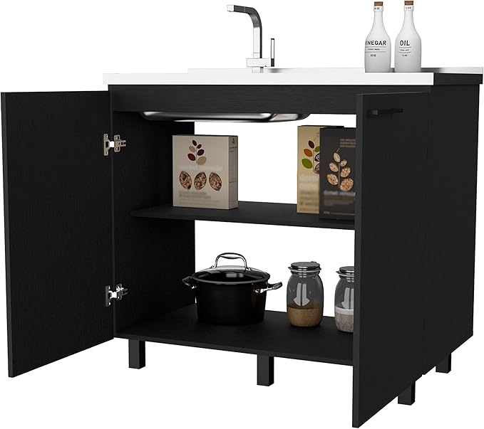 Oklahoma 2 Utility Sink & Cabinet, Interior Shelf, Aluminum Countertop,Black -Kitchen Room
