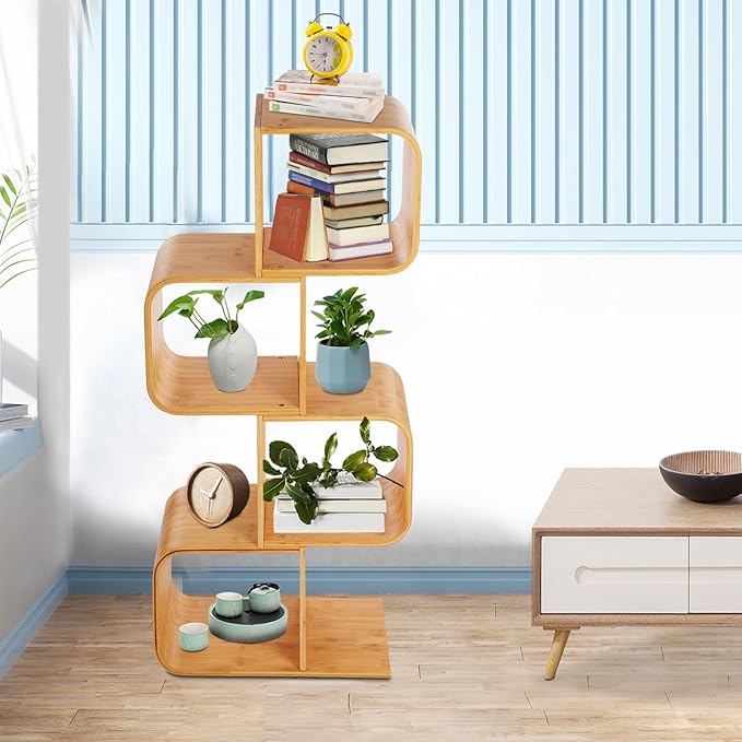 4-Tier S-Shaped Bookcase, Office Bookshelf with 4 Open Cubes, Geometric Bookshelf Rack, Freestanding Display Shelf Storage Organizer for Living Room Study Home Office
