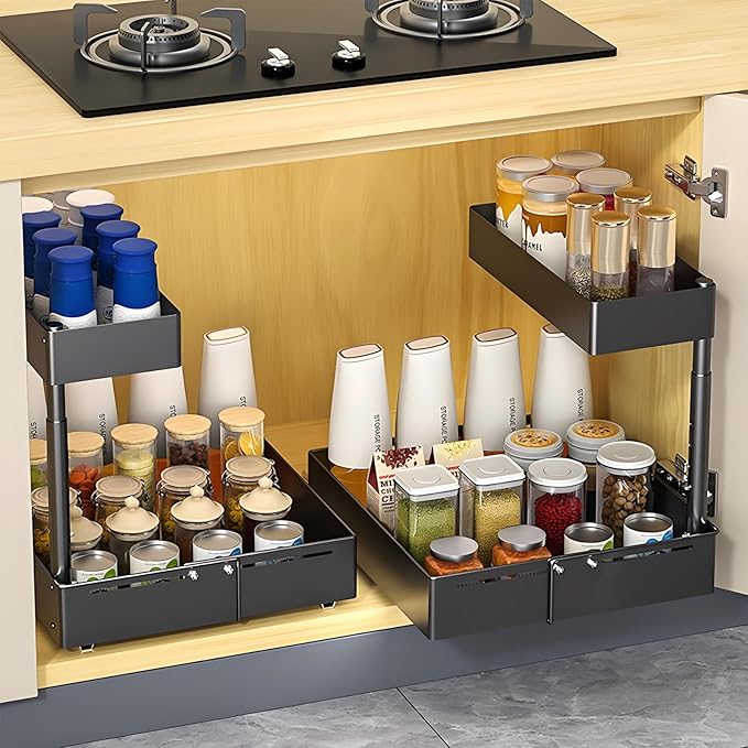 Under Sink Organiser,2 Tier Pull Out Cabinet Organiser,Height Adjustable Out Cabinet Drawer,Multi-Purpose Slide Out Storage Shelves for Home,Kitchen,Bathroom (White) (Black)