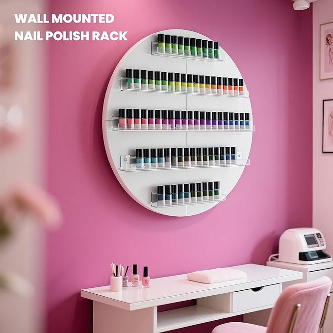 Wall Mount Nail Polish Organizer, Wood Nail Polish Rack w/Acrylic Barrier, 5-Tier Round Storage & Display Shelf, Perfume Essential Oil Bottles Holder, White