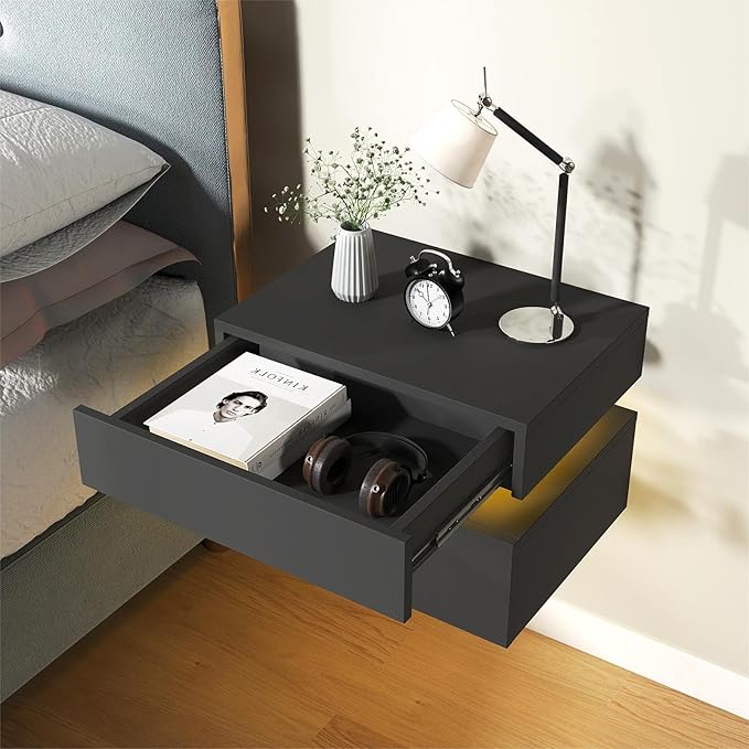 Floating Nightstand Set of 2,Modern Bedside Tables with LED Light for Bedroom,Small Night Stands with Drawers, Wall Mounted End SideTables Set for Living Room