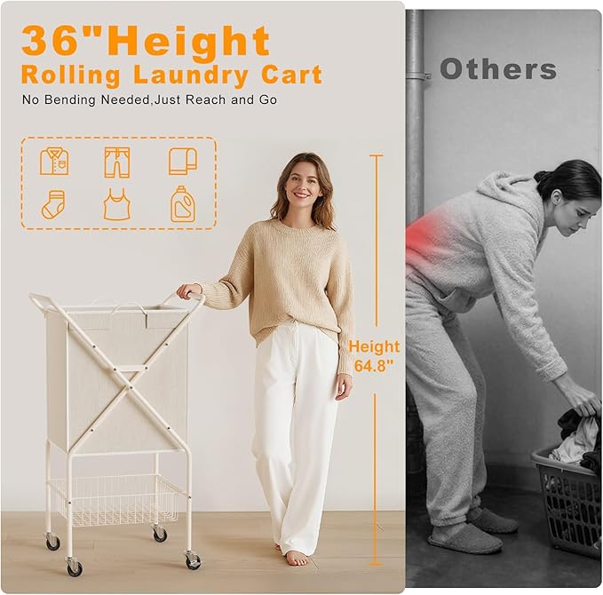 Laundry Basket with Wheels:88L Rolling Laundry Cart Foldable Metal Frame Dirty Clothes Laundry Hamper 36"H 4 Caster 2 Brake Waterproof Removable Liner Carry Handle for Dorm Laundry Room,Cream