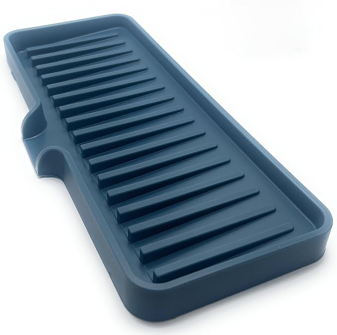 Happitasa Silicone Soap Dish Tray and Sponge Holder with Drain Chute | Bathroom and Kitchen Sink Organizer Caddy (Smoky Blue, 9"x3.5", 5.6 Ounces)