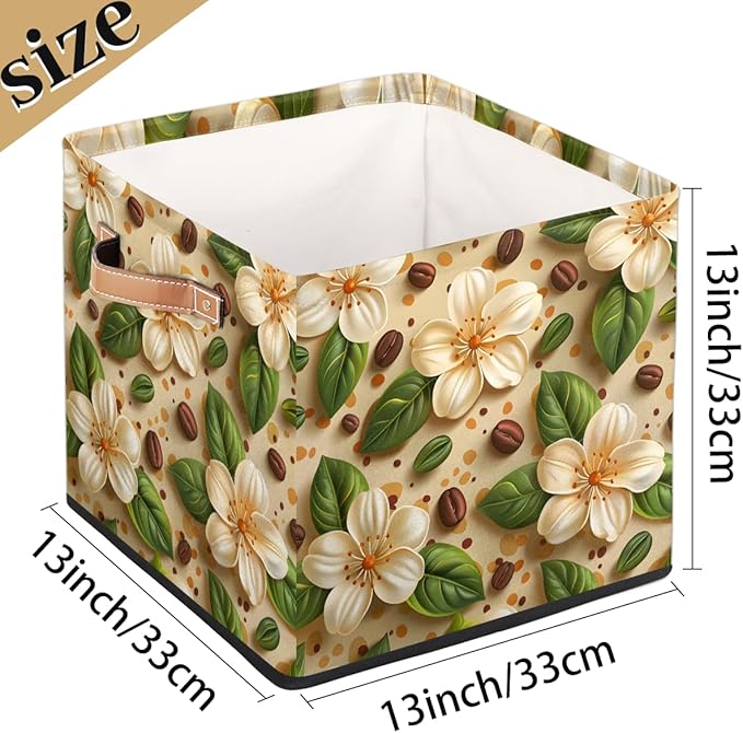 TropicalLife 13x13x13 Inch Large Fabric Storage Cube Beige Floral Print Foldable Storage Bin with Handles Organizer Boxes Cube Basket for Shelves Organizing Closet