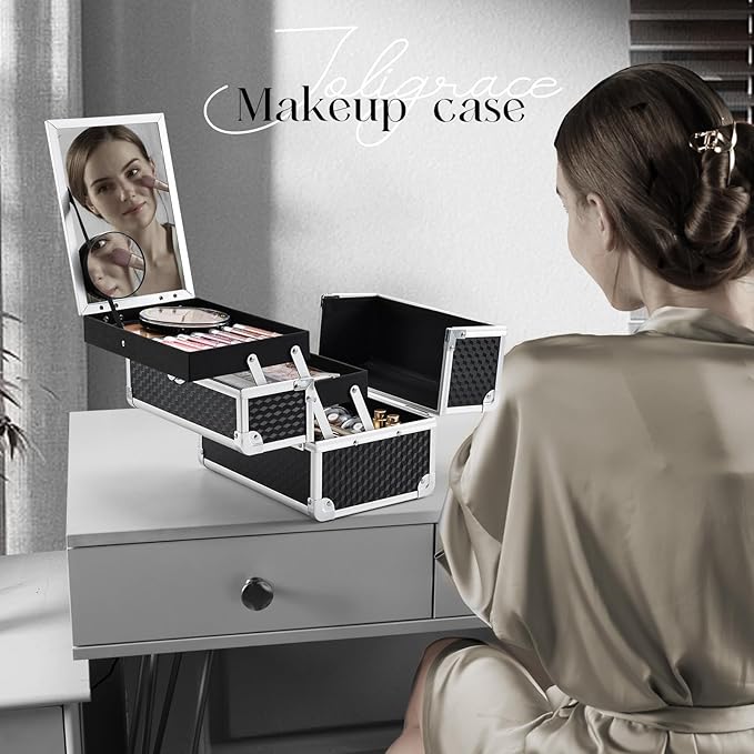 Joligrace Makeup Box Cosmetic Train Case Portable Makeup Organizer Case with Mirror 2 Tray Make up Storage Case for Nail Teach Craft Sewing Travel Vanity Modern Style Black