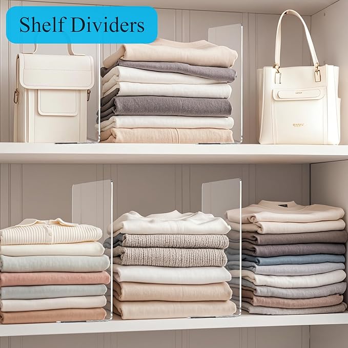 Shelf Dividers for Closet Organization: Acrylic Shelf Dividers for Clothes Sweater Purse - Clear Closet Organizers and Storage Separators for Shelves, 12Pack