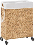 Rolling Laundry Hamper with Wheels, Slim Laundry Basket with Removable Liner Bag & 2 Mesh Bags, Handwoven Water Hyacinth Clothes Hamper for Bedroom Bathroom (Natural, 65L)