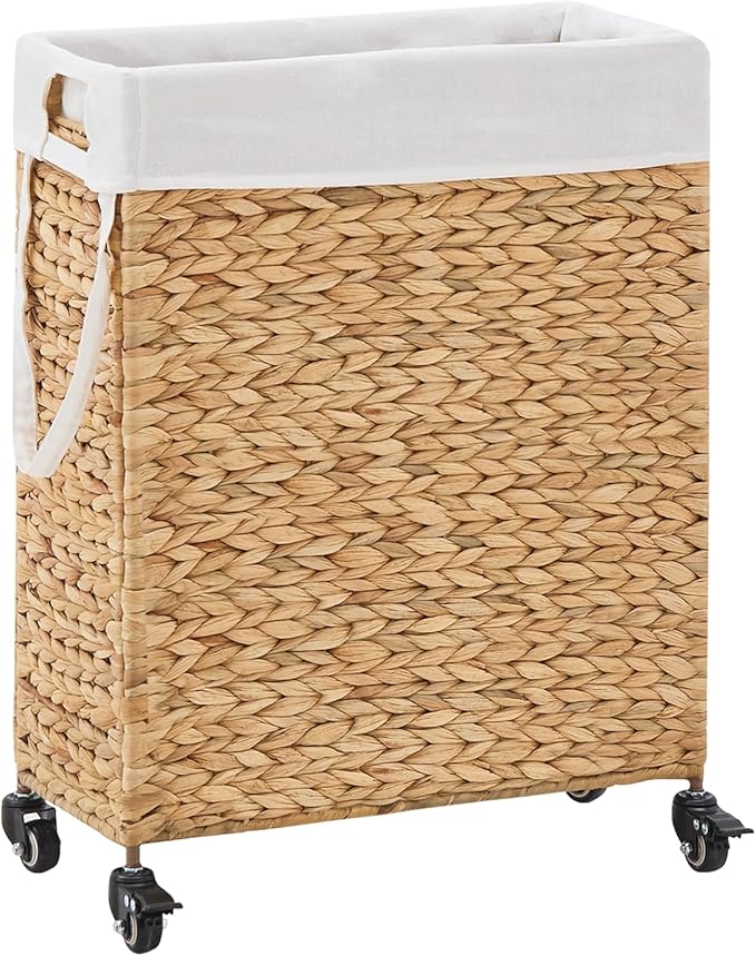 Rolling Laundry Hamper with Wheels, Slim Laundry Basket with Removable Liner Bag & 2 Mesh Bags, Handwoven Water Hyacinth Clothes Hamper for Bedroom Bathroom (Natural, 65L)