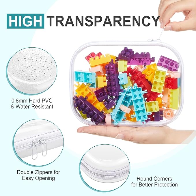 Hoolerry 4 Pcs Hard Clear Zipper Case Makeup Bags Plastic Pencil Pouch Transparent Storage Box Containers for Cosmetics, Snacks, Building Blocks, Puzzles (White,7.9 x 5.9 x 2 in)