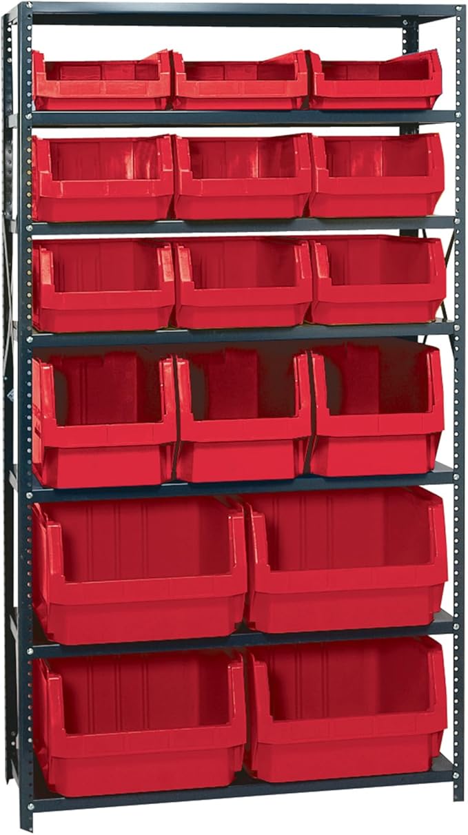 Quantum Storage Systems MSU-16-MIXRD Solid Heavy Duty 7 Shelves 16 MAGNUM Red Bins 75" H x 42" W x 18" D