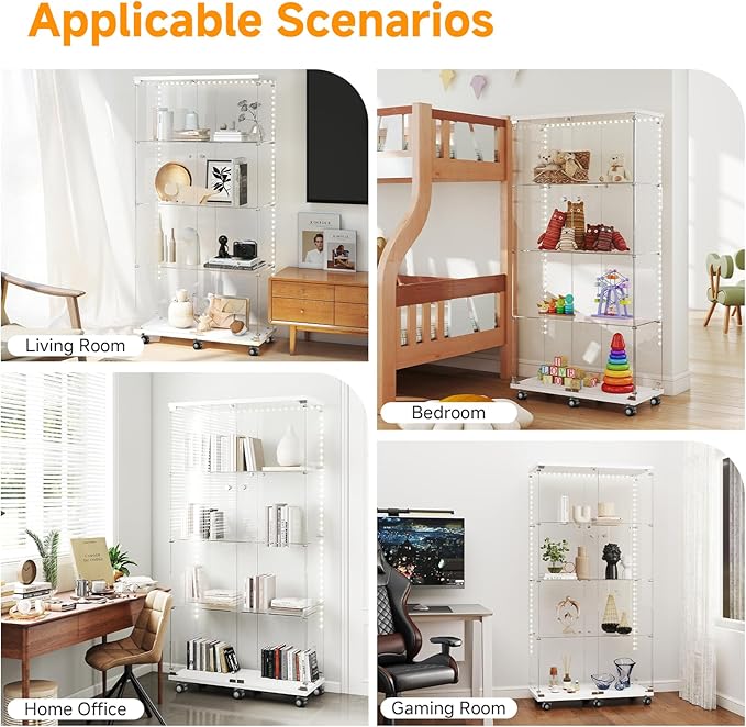 Tempered Glass Display Cabinet with Light Strip, 4-Tier Curio Cabinet with Glass Doors Wheels Locks, Glass Display Case for Collectibles for Living Room, Bedroom, Office, White, Double Door