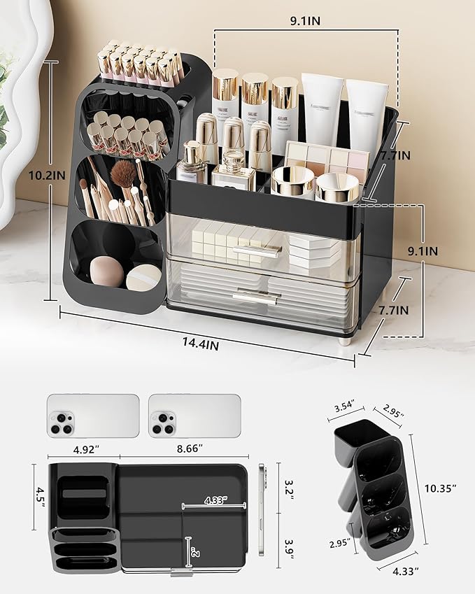 Makeup Organizer with Drawers, Skincare Organizer (Large Size Thick), Storage Box Cosmetic Display Cases, Make up Organizers for Vanity, Dresser, Desk, Kitchen, Countertop (black)