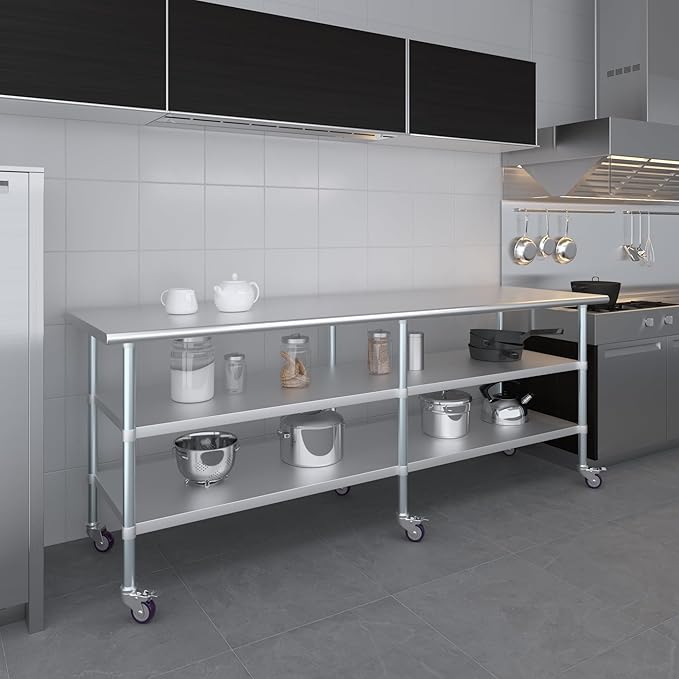 AmGood Stainless Steel Work Table with 2 Shelves and Casters | Metal Utility Table On Wheels (Stainless Steel, 96" Long x 30" Deep)