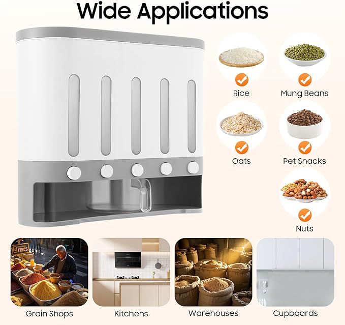 5 Grids Dry Food Dispenser, Wall mounted Rice Storage Dispenser Cereal Dispenser Countertop Kitchen Organization Container 38Lbs Sealed Storage Tank with Measuring Cup for Home Kitchen