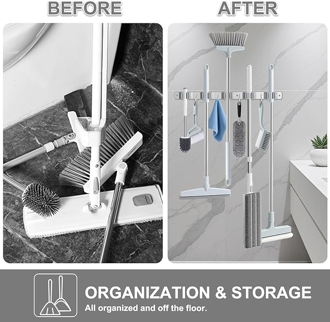 Broom Holder Wall Mount, Broom Organizer Wall Mount Stainless Steel Broom and Mop Hanger Heavy Duty Storage Organization for Home Kitchen Garden Garage Room 5 Racks 4 Hooks