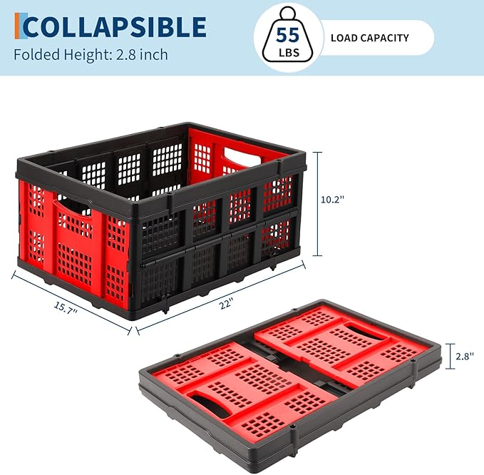 55L Collapsible Crates for Storage,Stackable & Collapsible Milk Crates, Stackable Storage Baskets, Folding Storage Containers for Organizing Tools, Books, Food, Drinks, Camping & Transport