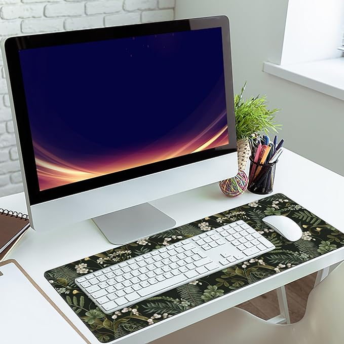 Desk Mat,White Flowers and Fern Gaming Mouse Pad,XXL Extended Mouse Pad Mat for Office,Computer,Keyboard with Non-Slip Base Stitched Eges Mousepad 35.4x15.75 inch