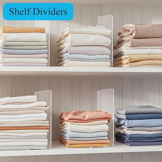 Acrylic Shelf Dividers for Closet Organization: 10" Tall x 12" Deep Closet Shelf Divider for Clothes Sweater Purse - Clear Closet Organizers and Storage Separators for Shelves, 6Pack