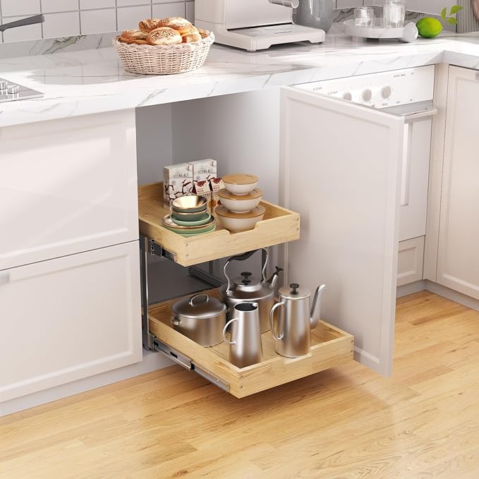Wood Pull Out Cabinet Organizer 2 Tie 26" W x 21" D, Heavy-Duty Sliding Drawers for Inside Cabinets Storage and Organization for Kitchen, Pantry, Bathroom