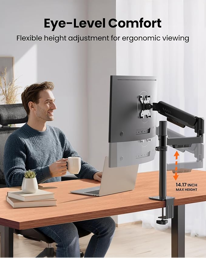 ErGear Single Monitor Arm, Adjustable Desk Monitor Mount for 13-34″ Screens, Up to 19.8 lbs, Enhanced Stability with Integrated C-Clamp, Upgraded Cable Management, VESA 75x75/100x100mm, Black