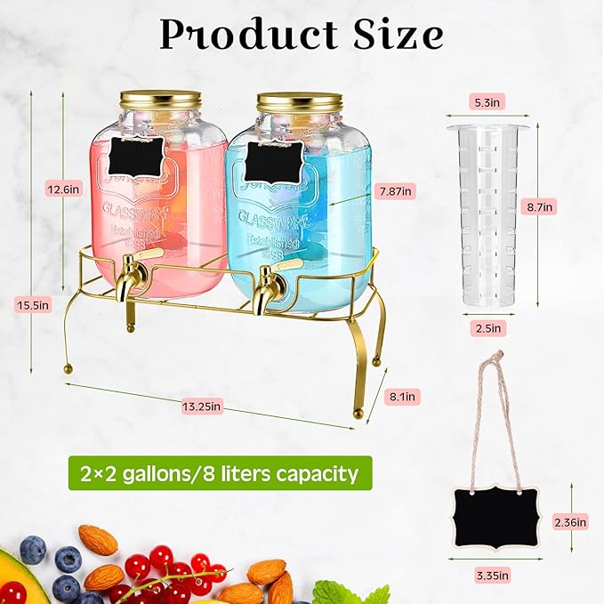 Lallisa 2 Pcs 2 Gallon Glass Drink Dispenser with Stand Ice Cylinder Hanging Chalkboard Signs 18/8 Stainless Steel Spigot Beverage Dispensers for Parties Mason Jar Drink Lemonade (Gold)