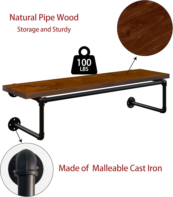 Clothes Rack 36in, Wall Mounted Garment Racks with Real Walnut Wood Shelves, Heavy Duty Hanging Clothes Rack, Multi-Purpose Hanging Rod, Space-Saving Closet Storage