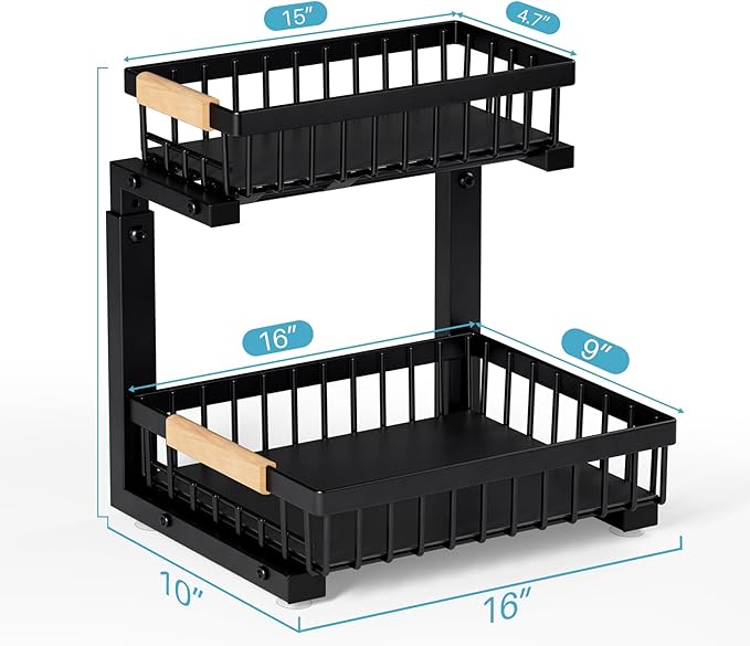 Under Sink Organizer,2 Packs 2 Tier Sliding Pull Out Cabinet Storage Shelf, Metal Drawer for Kitchen Bathroom Cabinet, Under Sink Organizer Organization Rack, Rust-Resistant Black