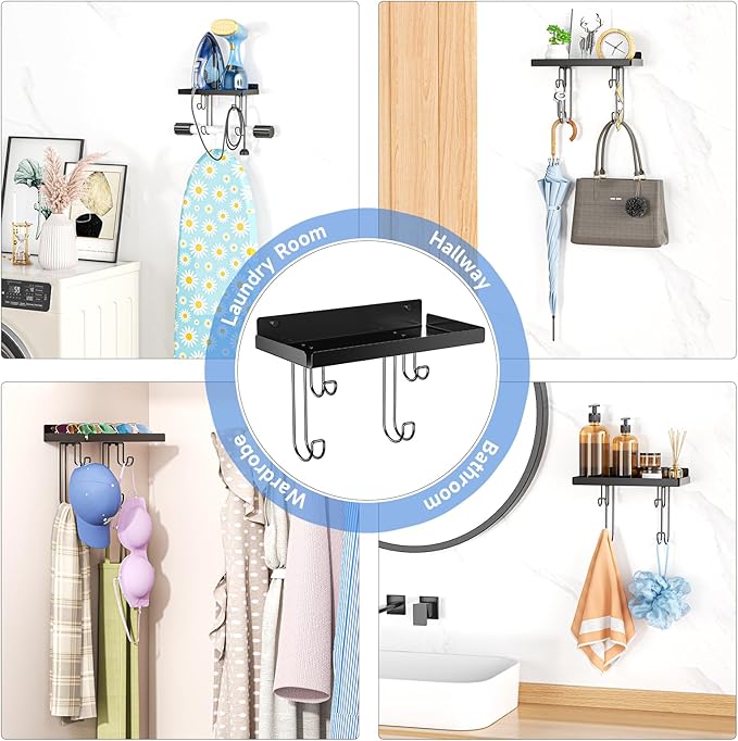 Ironing Board Holder Wall Mounted, Black Iron Holder for Laundry Room, Metal Iron Board Wall Hanger with Storage Shelf, Ironing Board Hooks for Laundry Room Livingroom Bathroom (Y or T Leg)