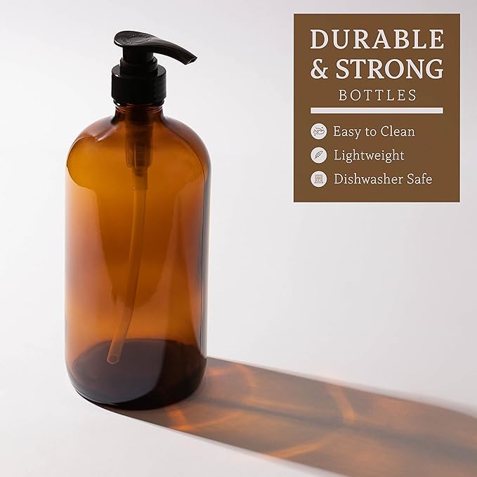 32 Ounce Glass Pump Dispenser Bottle, Large Amber Container with Pump for Shower and Bath Shampoo Soap Conditioner Lotion - 1 Liter Shower Bottles- by Kitchentoolz